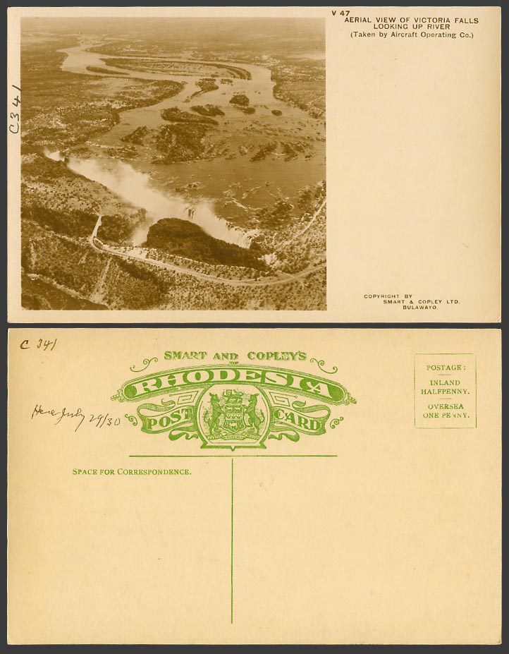 Rhodesia 1930 Old Real Photo Postcard Victoria Falls, Aerial View, Look Up River