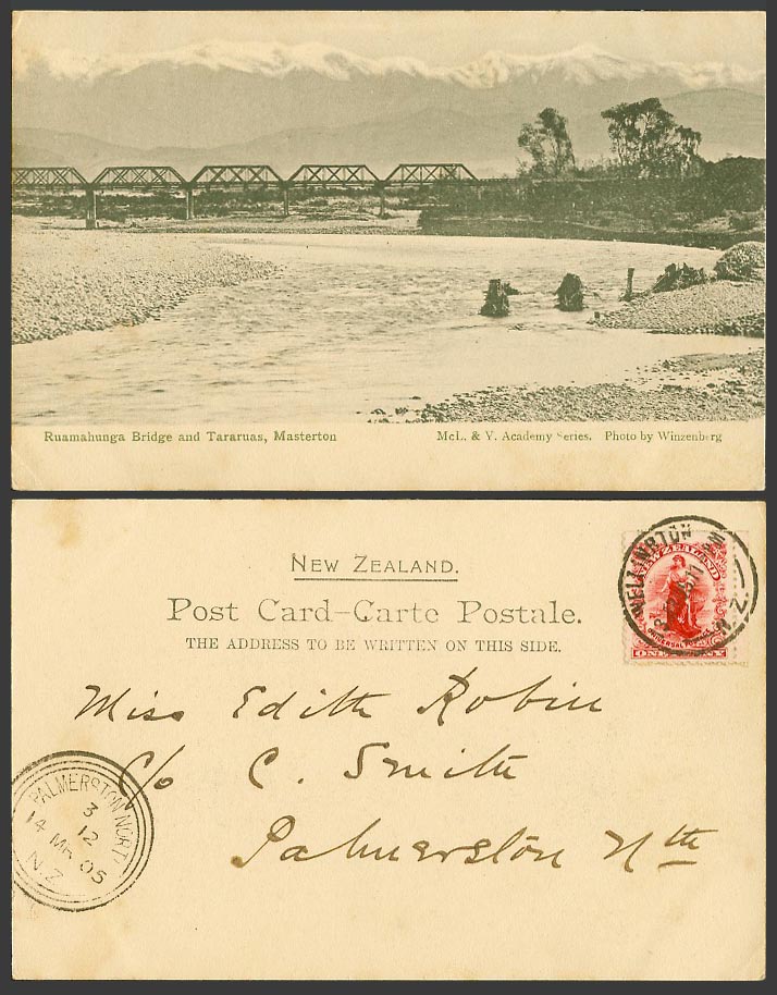New Zealand 1d 1905 Old UB Postcard Ruamahunga Bridge River Mt Tarauas Masterton