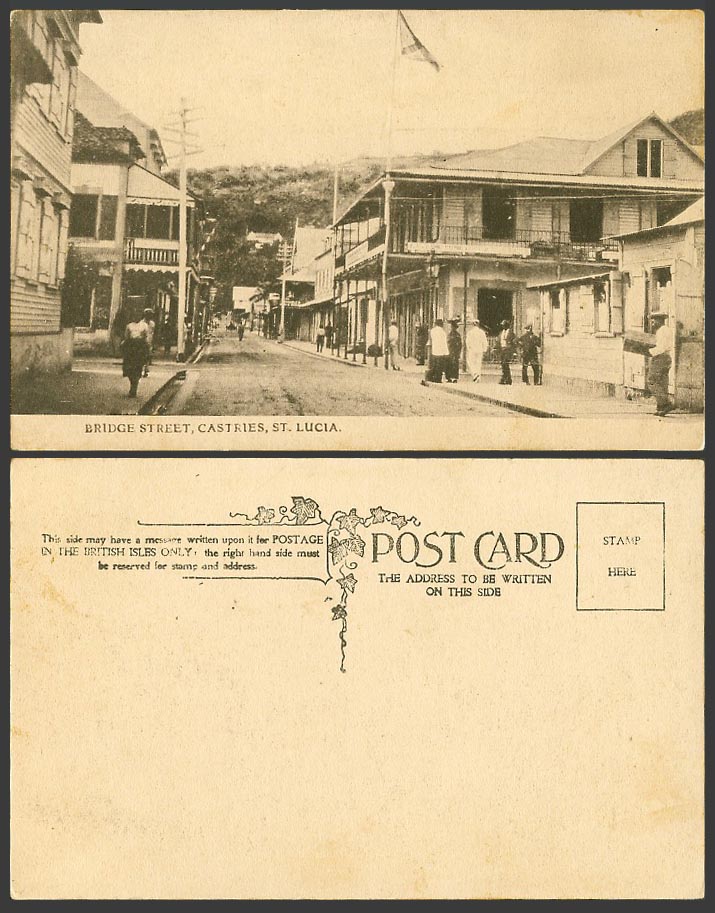 Saint St. Lucia Old Postcard Bridge Street Scene Castries, Flag Houses Buildings