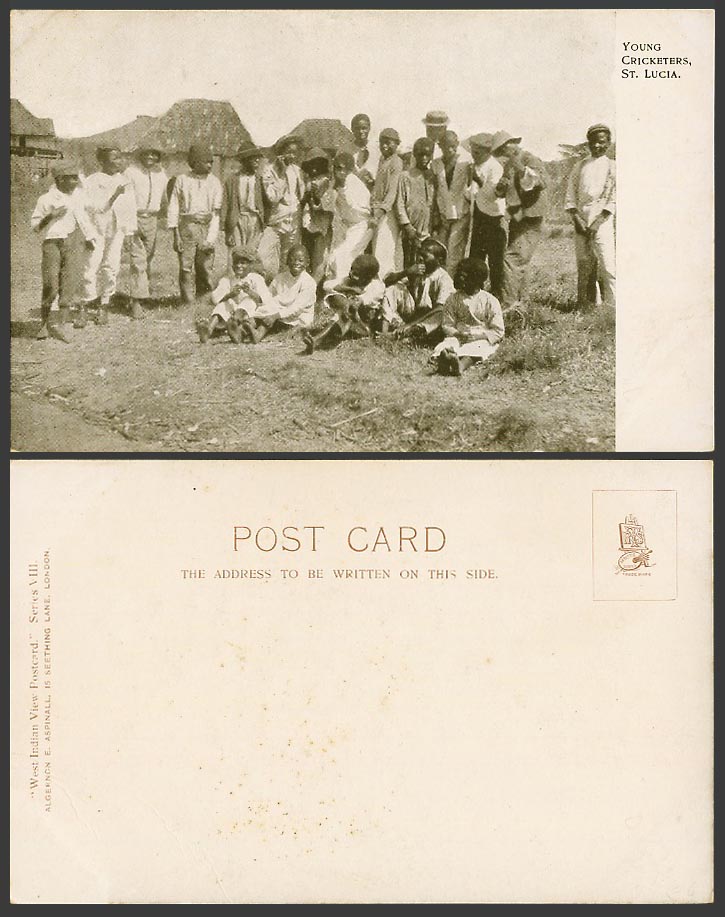 St. Lucia Old Postcard Young Cricketers Native Cricket Boy Players Native Houses