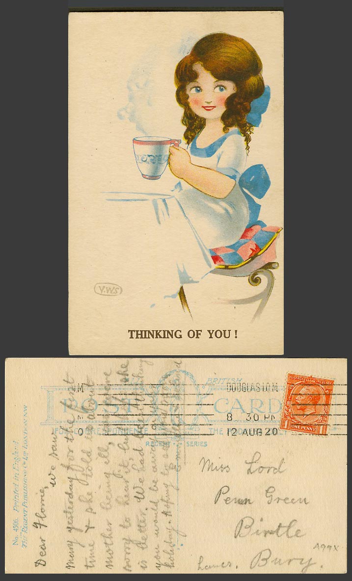 V.W.S. Artist Signed 1920 Old Postcard Thinking Of You Girl Cup of Tea or Coffee