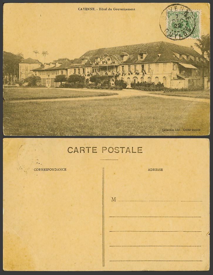 French Guiana Guyane 5c 1922 Old Postcard Hotel du Gouvernement Government Bldg.
