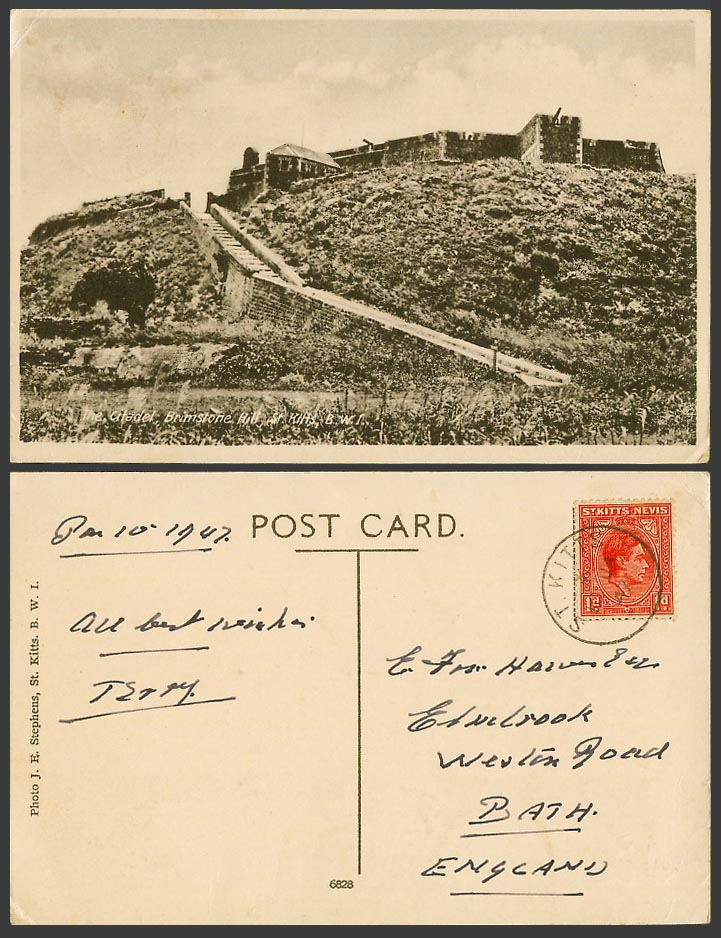 St. Kitts Nevis, KG6 1d. 1947 Old Postcard The Citadel, Brimstone Hill, B.W.I.