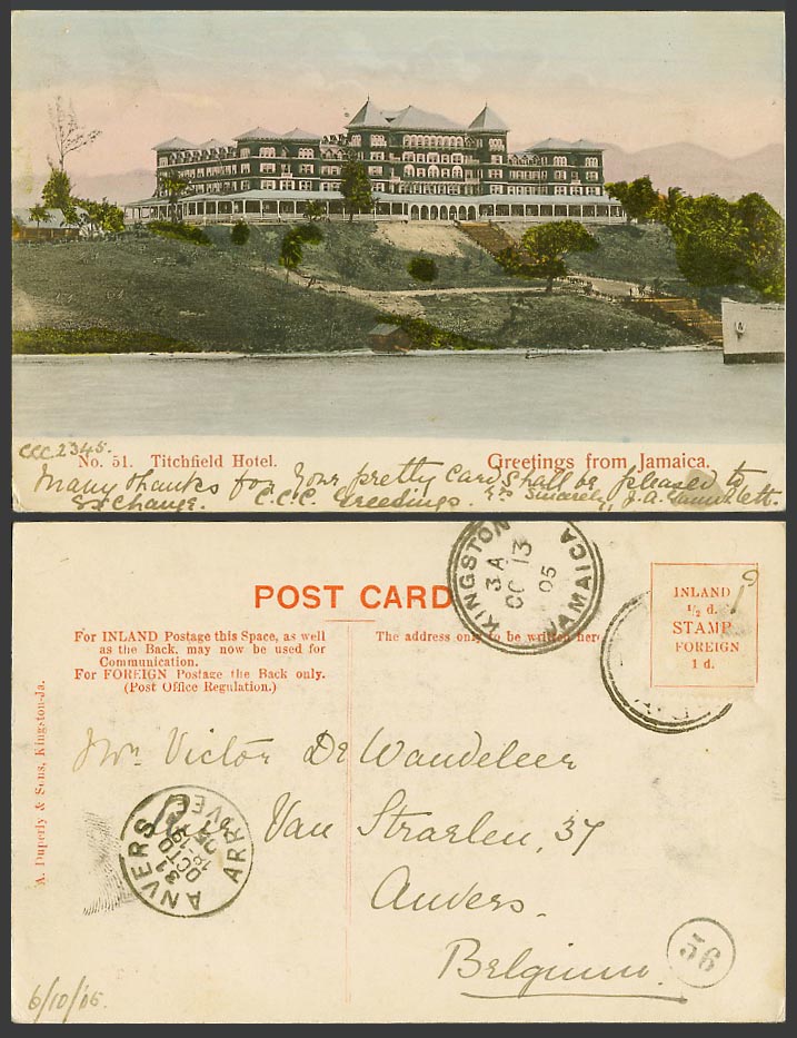 Jamaica Greetings from, Titchfield Hotel 1905 Old Hand Tinted Postcard to Anvers