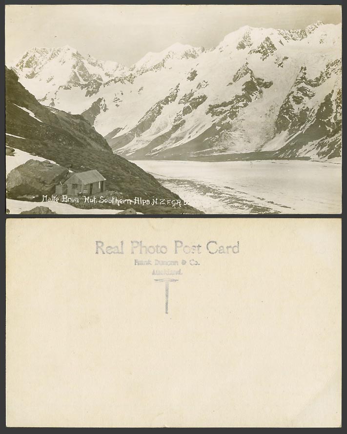 New Zealand Old Real Photo Postcard Malte Brun Hut Southern Alps MountainGlacier