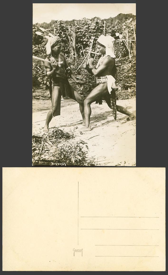 North Borneo Old Real Photo Postcard Dayak Native Warriors Men Fighting Costumes