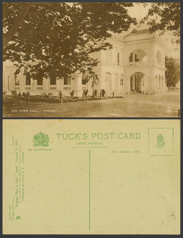 Penang The Town Hall Old Postcard Tuck's Sepia No.893 Malaya Straits Settlements