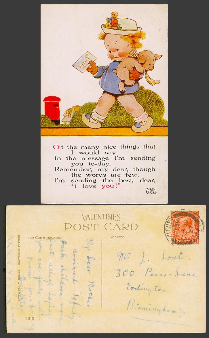 MABEL LUCIE ATTWELL 1927 Old Postcard Message I'm Sending U, I Love You 1010 Dog