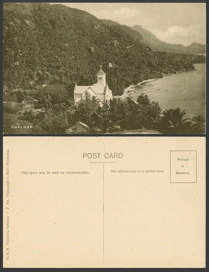 Seychelles Old Postcard Cascade, Mahé Mahe Church with Cross Hills Mts. Panorama