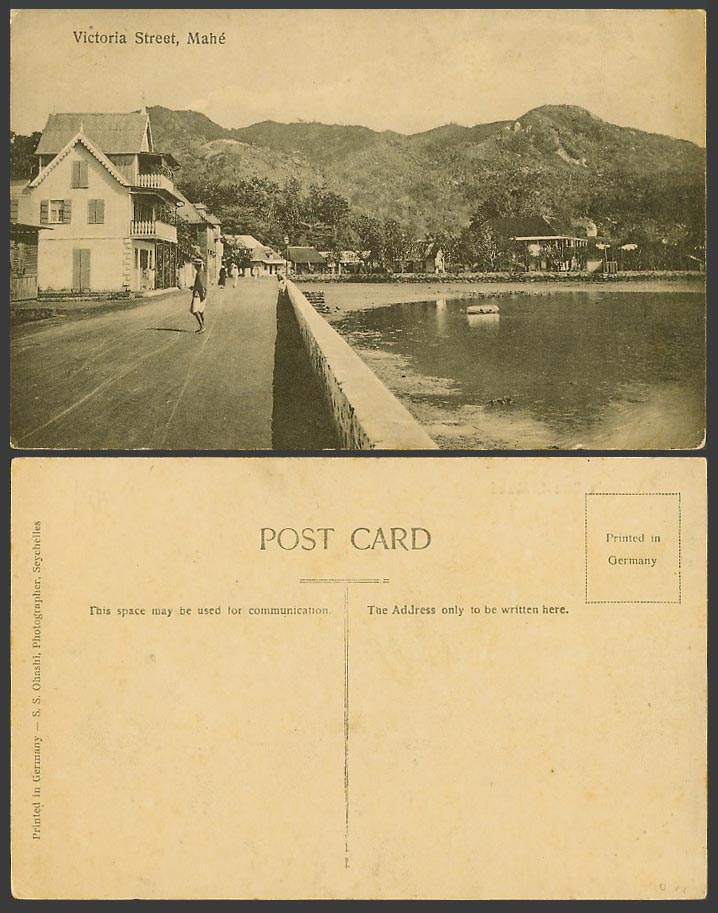 Seychelles Old Postcard Mahe Mahé Victoria Street Scene Boat in Harbour Mountain