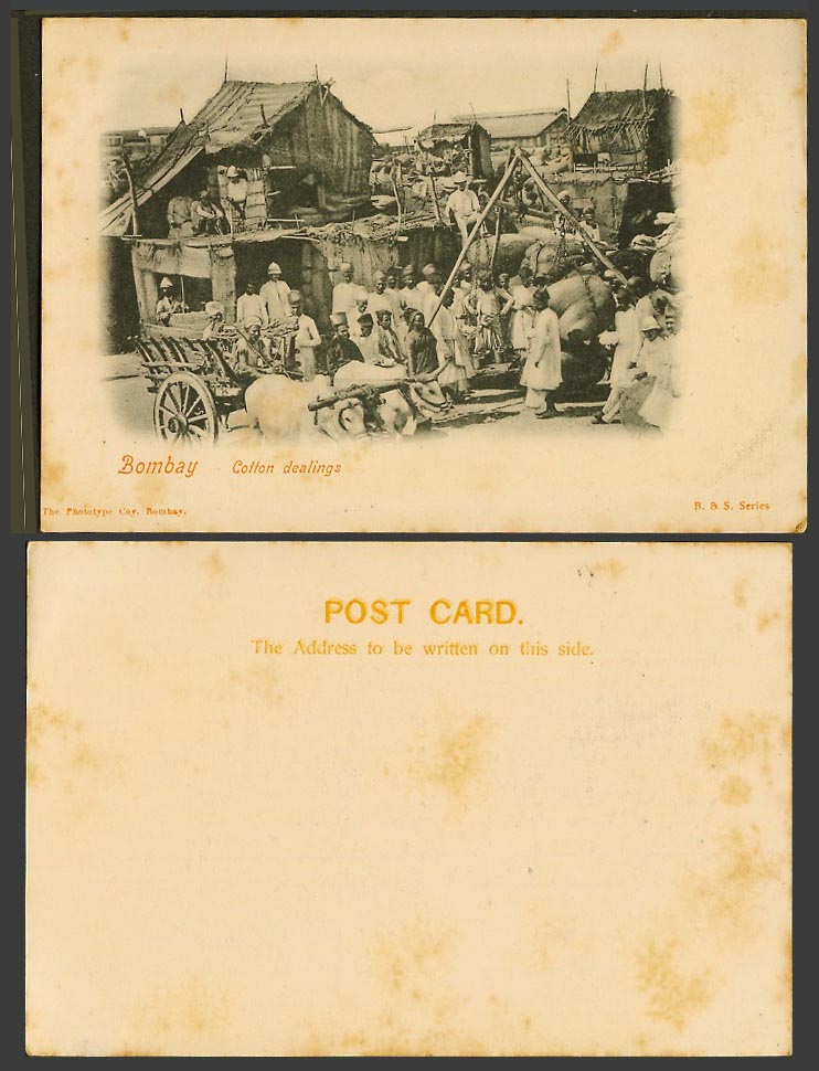 India Old UB Postcard Bombay Cotton Dealings, Native Bullock Cart Houses Dealers