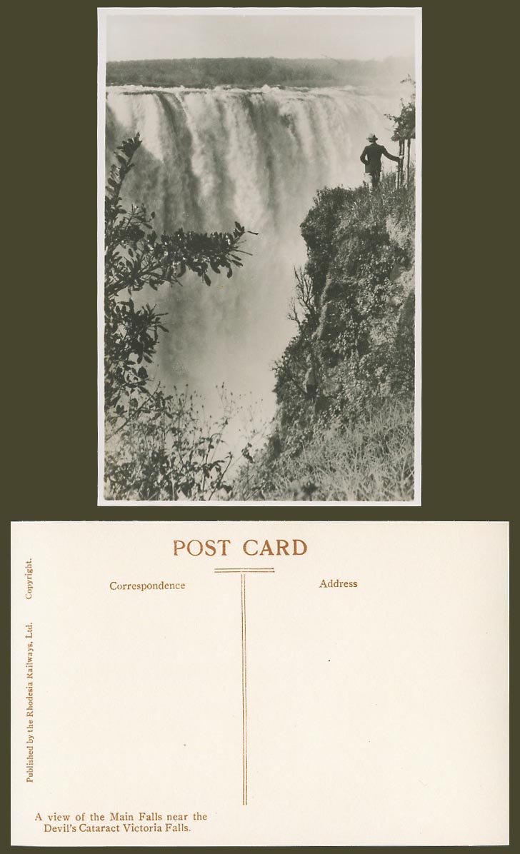 Rhodesia Old Real Photo Postcard Victoria Main Falls near Devil's Cataract A Man