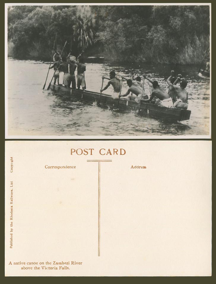 Rhodesia Old Real Photo Postcard Native Canoe Zambezi River above Victoria Falls