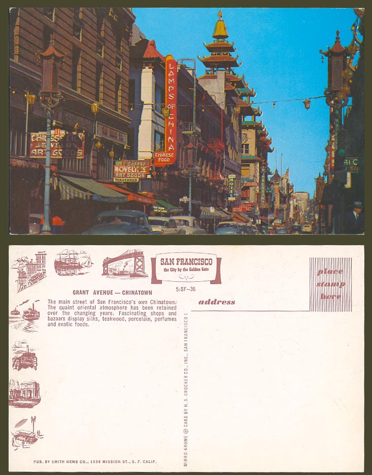 USA San Francisco Old Postcard Grant Avenue Hotel Chinatown Tea Candy Shops Cars