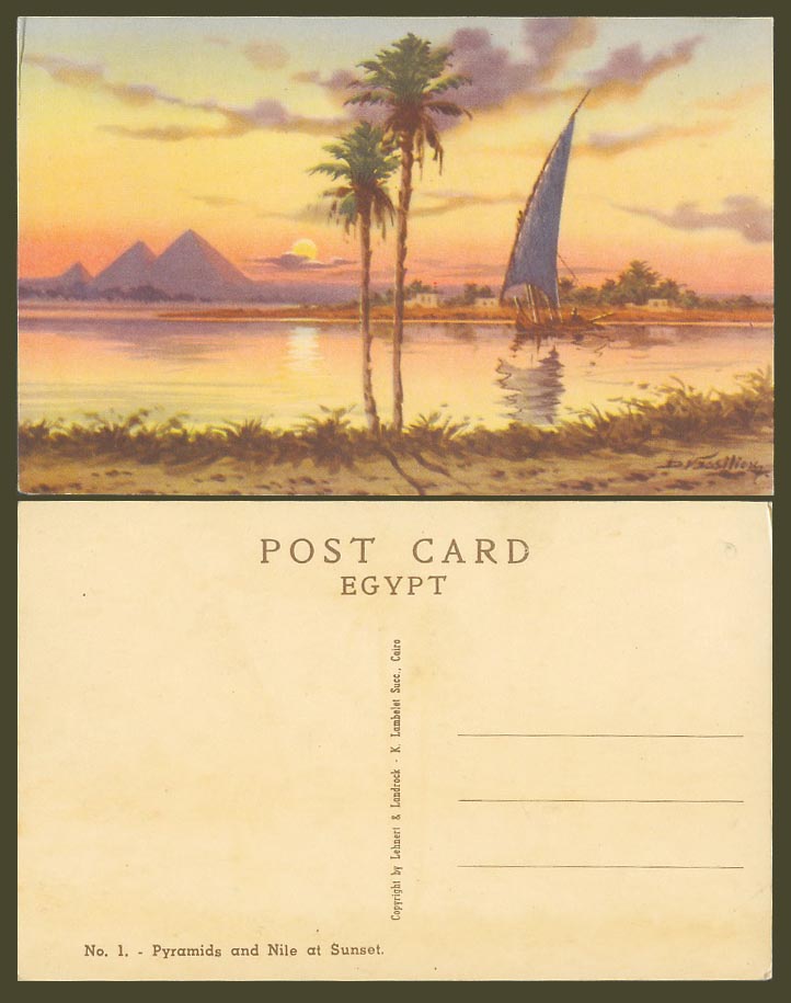 Egypt D. Vassiliou Artist Signed Old Postcard Pyramids and Nil Nile River Sunset