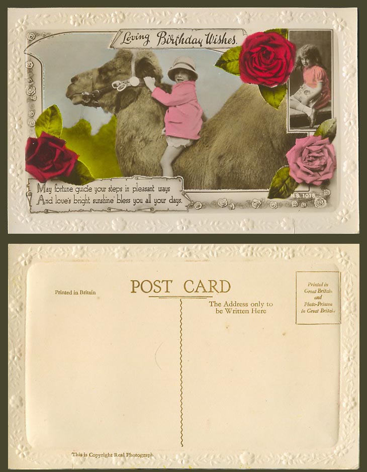 Girl Riding Camel, Roses Flowers, Loving Birthday Wishes Old Real Photo Postcard