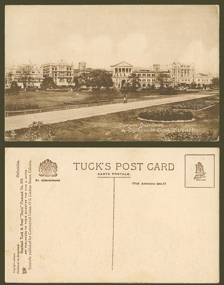 India Old Tuck's Postcard Curzon Garden and Esplanade East Calcutta Street Scene