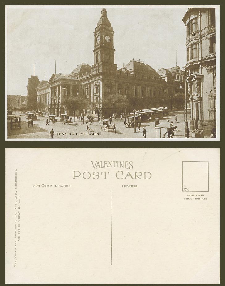 Australia Old Postcard Melbourne TOWN HALL Clock Tower TRAM Tramway Street Scene