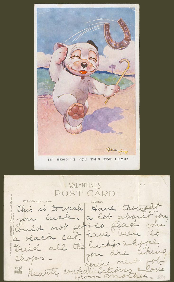 BONZO DOG GE Studdy Old Postcard I'm Sending You this Luck! Horseshoe No. 1258
