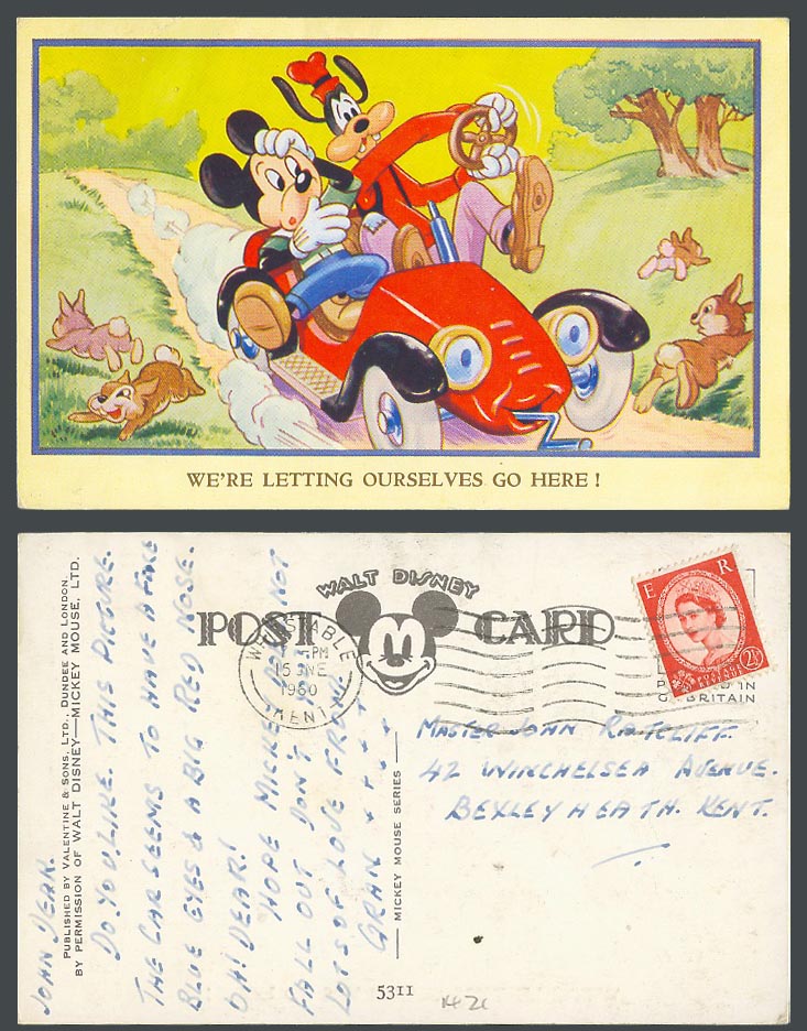 Walt Disney, Mickey Mouse and Goofy Dog Driving Motor Car 1960 Old Postcard 5311