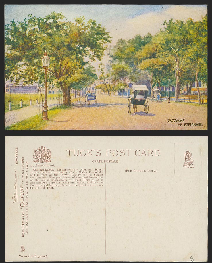 Singapore ART Old Tuck's Oilette Postcard Esplanade Street Scene Rickshaw Coolie