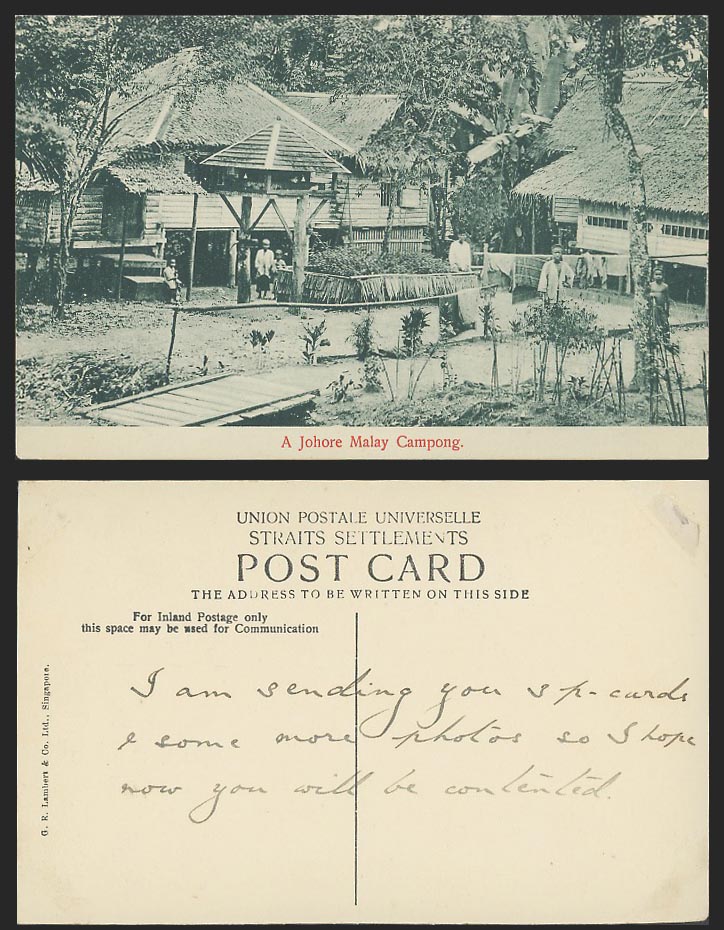 Johore Old Postcard A Johore Malay Campong Bridge Native Houses GR Lambert & Co.