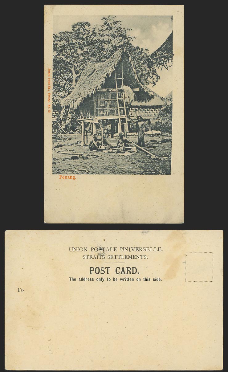 Penang Old Postcard Native Malay House Hut on Stilts Ladder, Straits Photo Co.