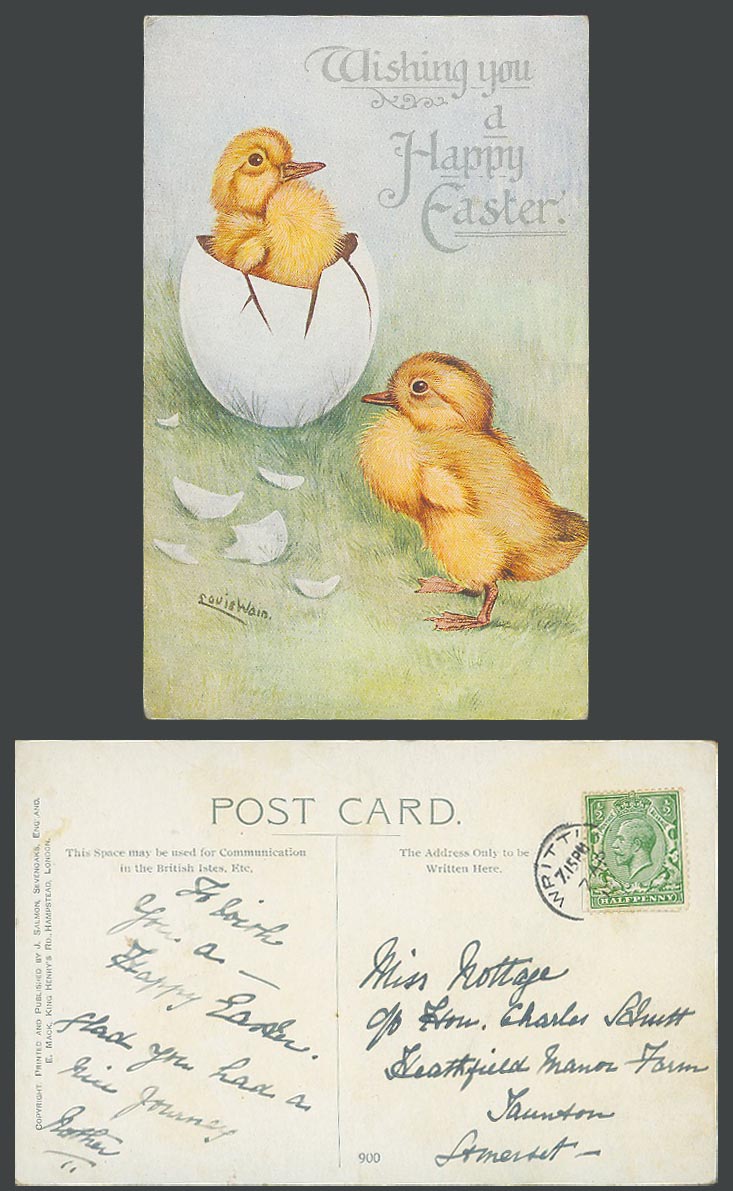 Louis Wain Artist Signed Chicks Birds Egg Happy Easter Wishing 1917 Old Postcard