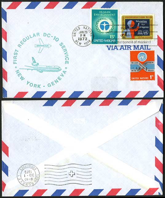 United Nations NY 1973 Swissair DC10 First Flight Cover