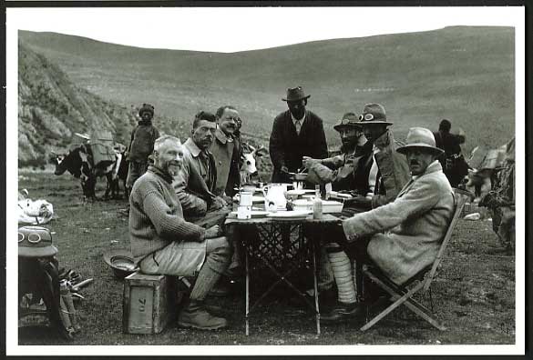 Tibet Mount EVEREST Expedition 1922 Postcard TEAM at Breakfast Stop en Route, Ox