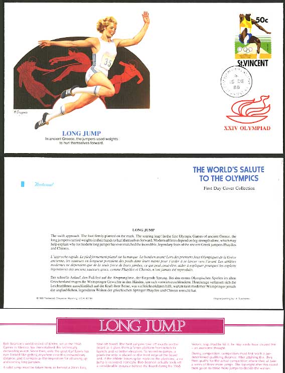 LONG JUMP St. Vincent 50c 1988 Olympics First Day Cover