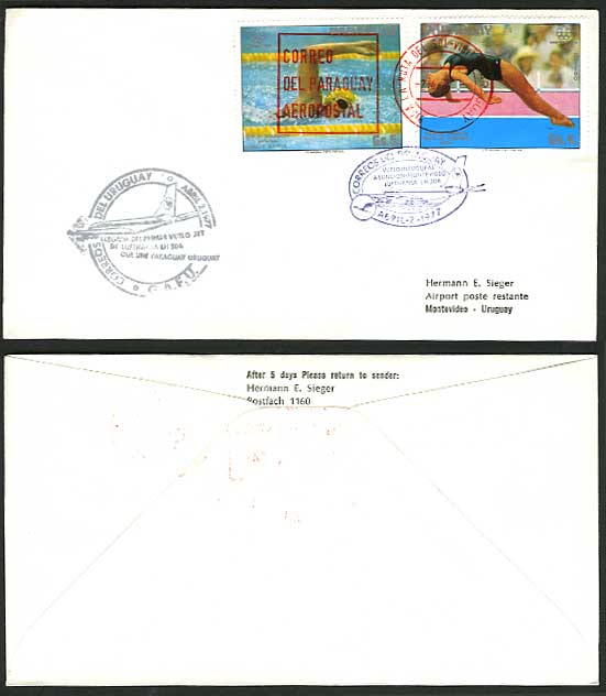 Paraguay Swimming 1977 Lufthansa 506 First Flight Cover