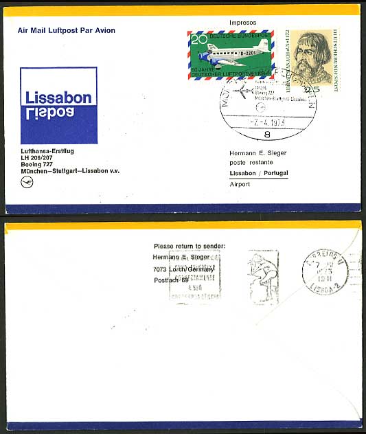 Germany Portugal 1973 Lufthansa 727 First Flight Cover