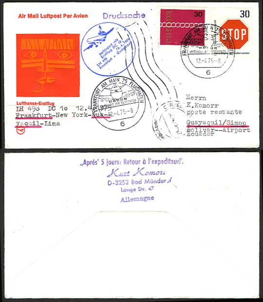 Germany Guayaquil 1975 LUFTHANSA 498 First Flight Cover