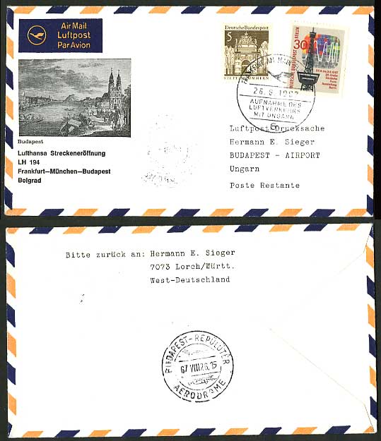Germany Hungary 1967 Lufthansa LH194 First Flight Cover