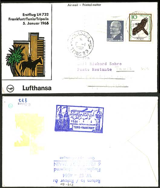 E. Germany SUHL TUNIS 1966 Lufthansa First Flight Cover