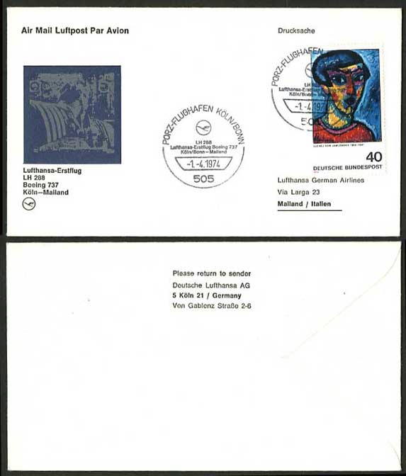 Cologne Mailand Italy 1974 Lufthansa First Flight Cover