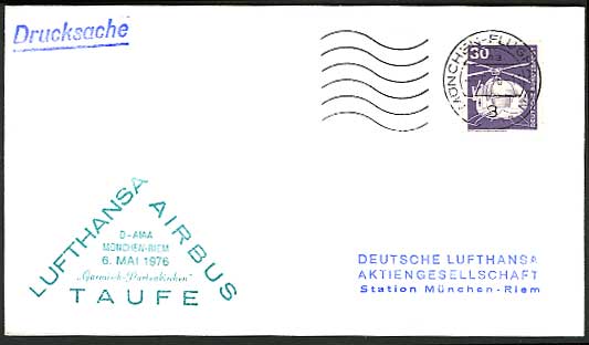 Munich Riem, HELICOPTER 30pf stamp on 1976 LUFTHANSA Airbus Flight Cover Airmail