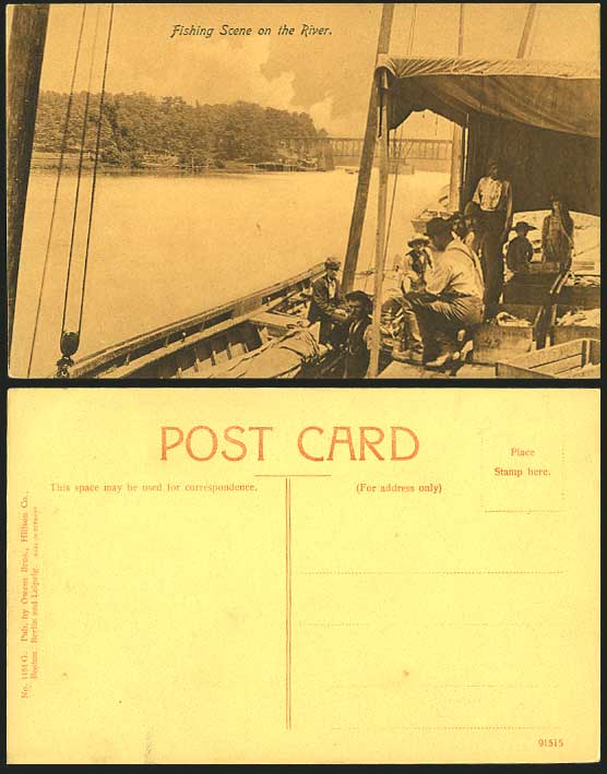 FISHING SCENE on RIVER Bridge Boat Fishery Old Postcard