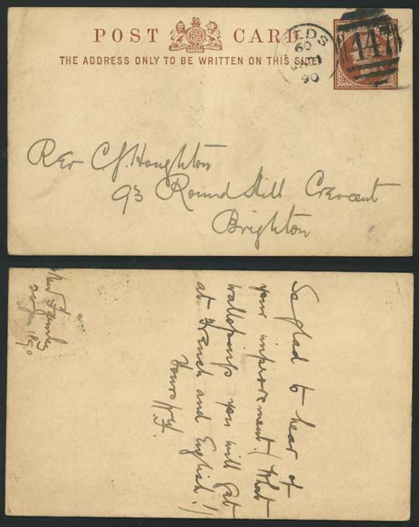 Leeds to Brighton Q.V. 1/2d 1890 Postal Stationery Card