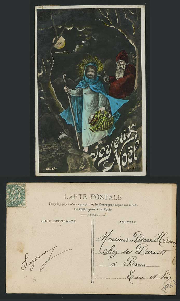 Santa Claus Little Girl at Night 1911 Old Postcard Xmas