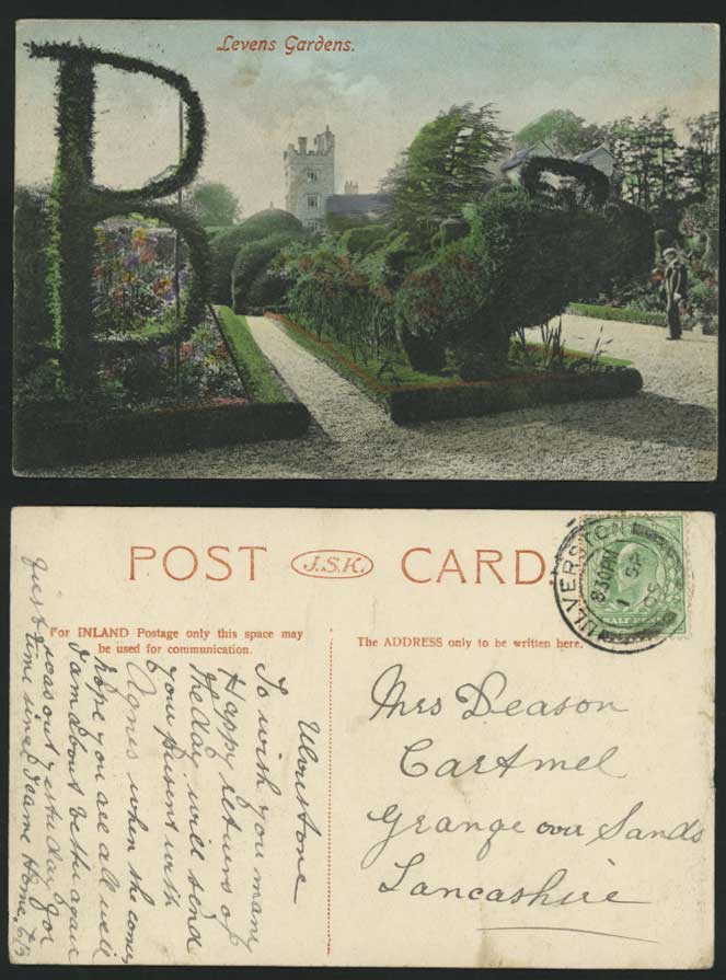 LEVENS GARDENS -B- Kendal 1905 Old Hand Tinted Postcard