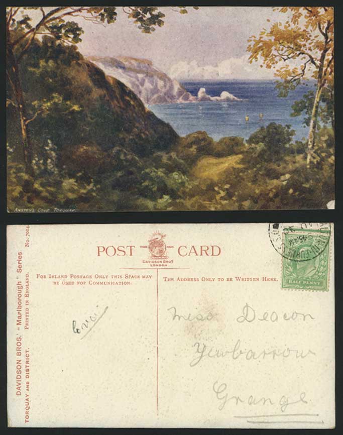 TORQUAY Anstey's Cove c.1905 Old Postcard Artist Signed