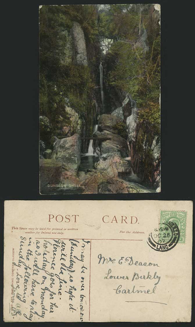 Ghyll Dungeon Watherfalls Bridge Rock 1907 Old Postcard