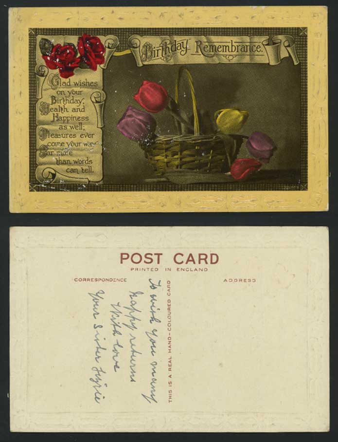 Birthday Remembrance Old Postcard Roses Tulips Flowers