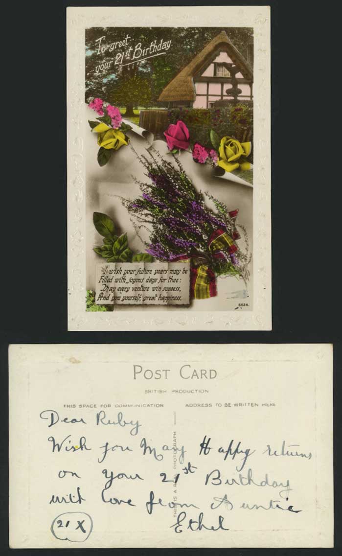 Greet 21st Birthday Old Postcard Roses Thatched Cottage