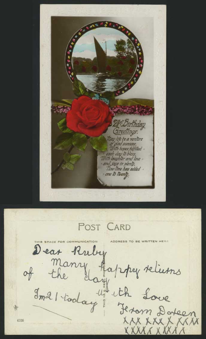 21st Birthday Greetings Old Postcard Sailing Boat, Rose