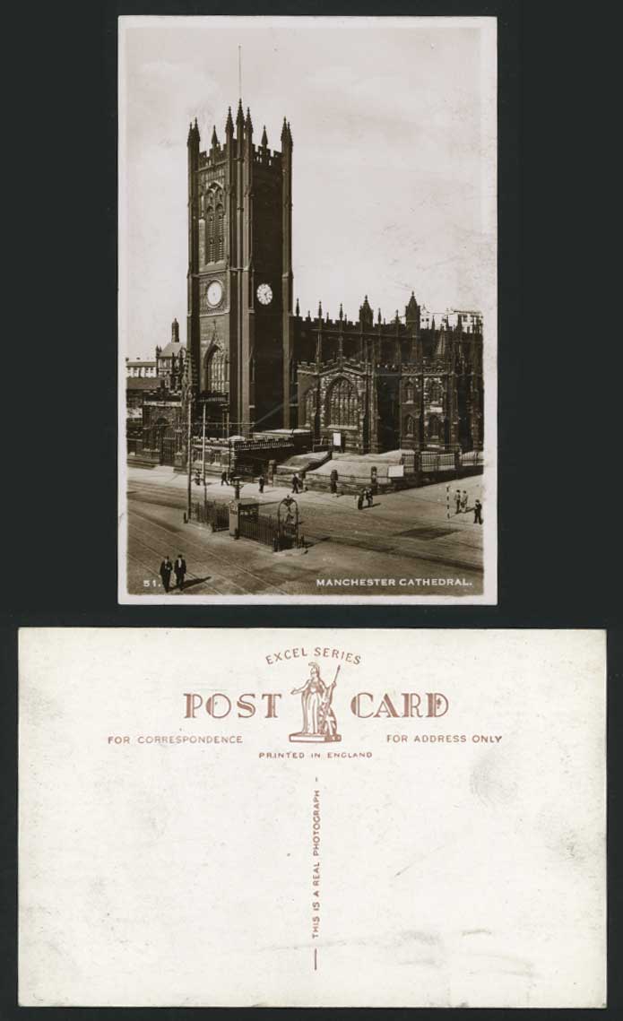Manchester Cathedral Clock Tower Street Old RP Postcard