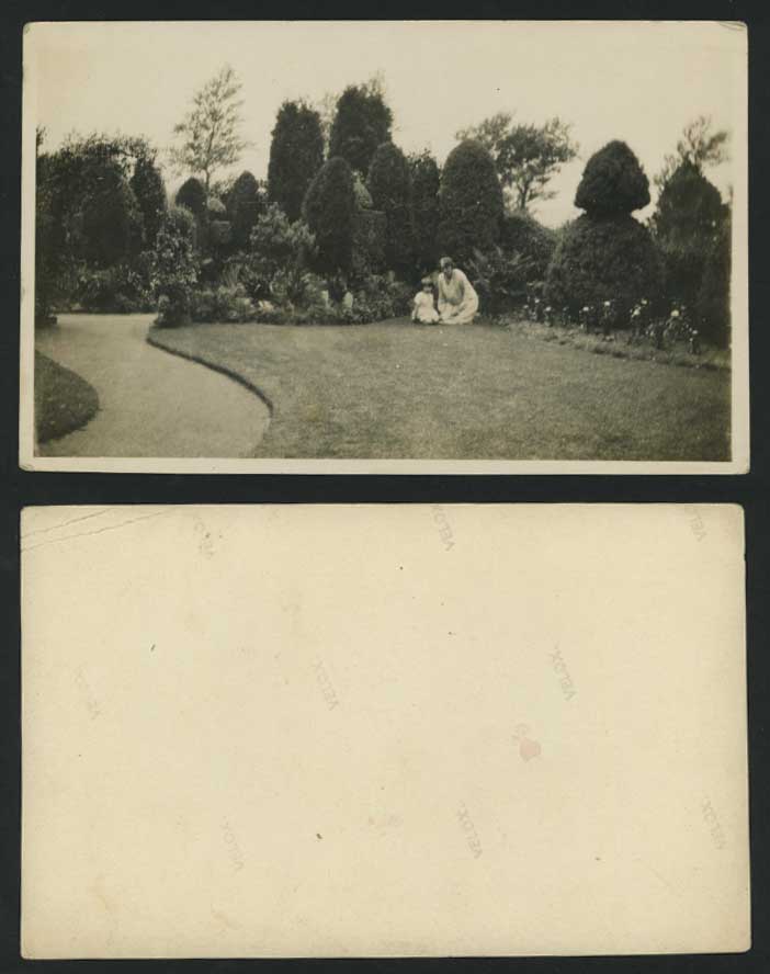 Little Girl & Lady Woman in Garden Park Old RP Postcard