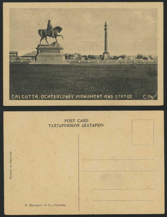 India Calcutta Old Postcard Ochterlony Monument, Harding Statue, Panorama, Horse